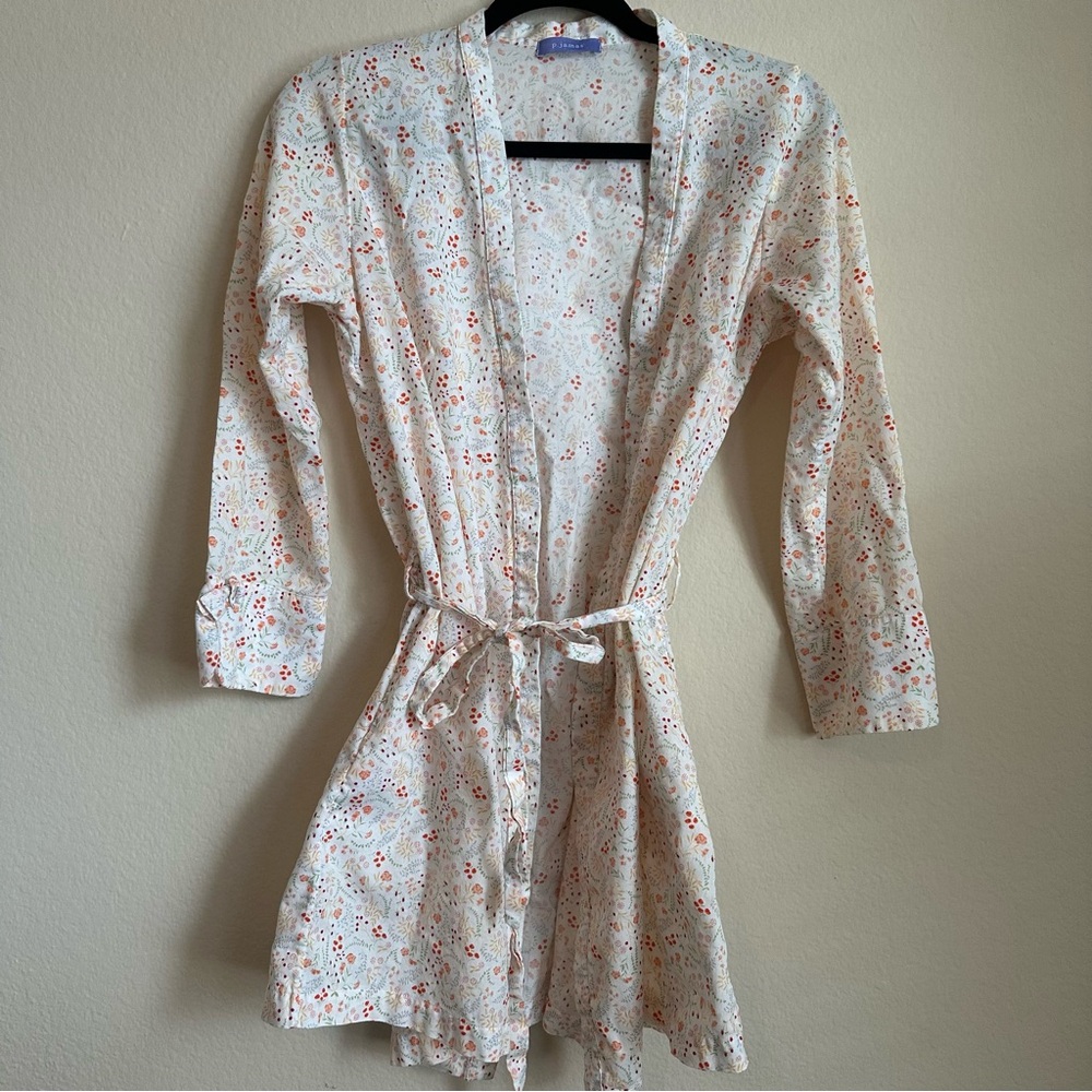 Light Cream Floral Cotton Robe with Tie Belt
